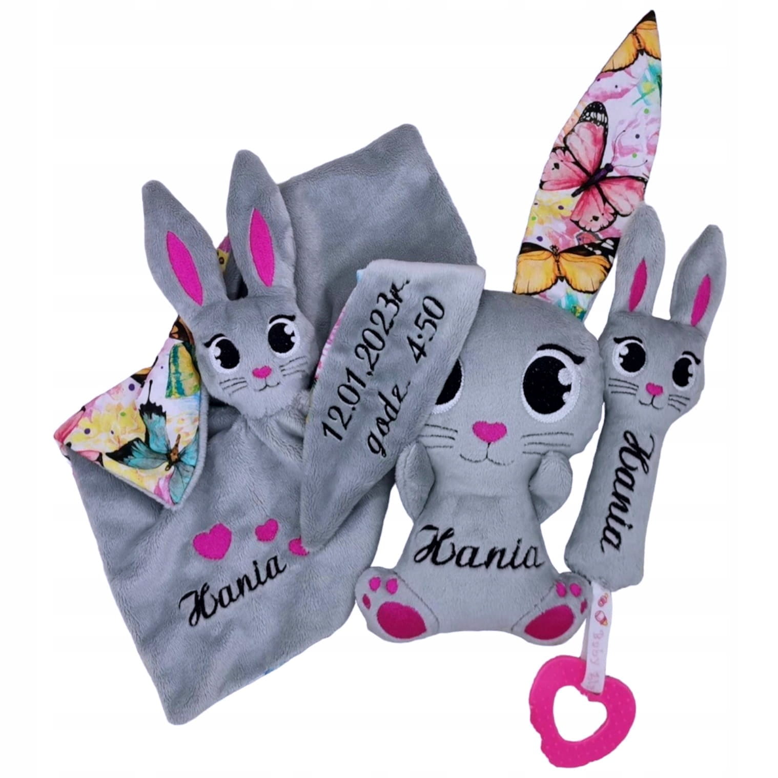 Prezent mały kocyk pluszowa maskotka króliczek z imieniem grzechotka haft