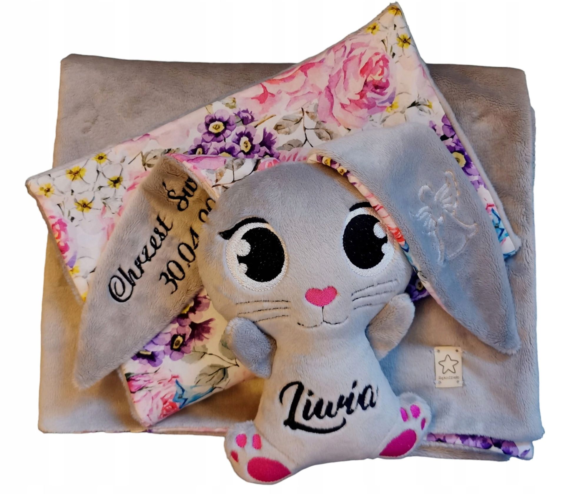 Pluszowy miś króliczek z imieniem prezent na chrzest roczek urodziny haft