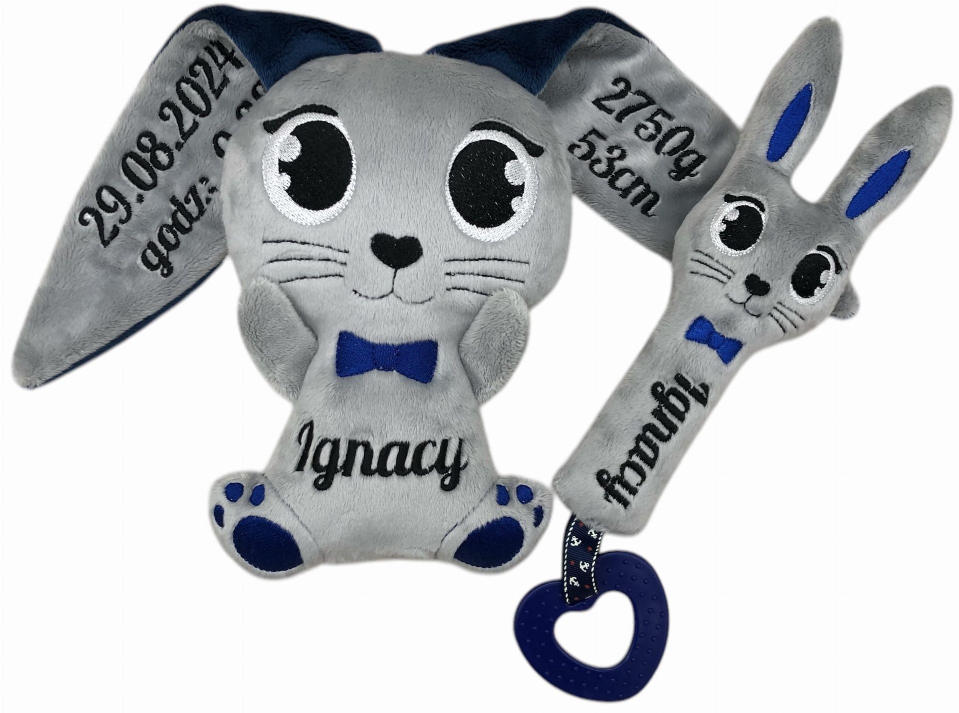 Zestaw maskotka pluszowy króliczek i grzechotka z dowolnym Imieniem
