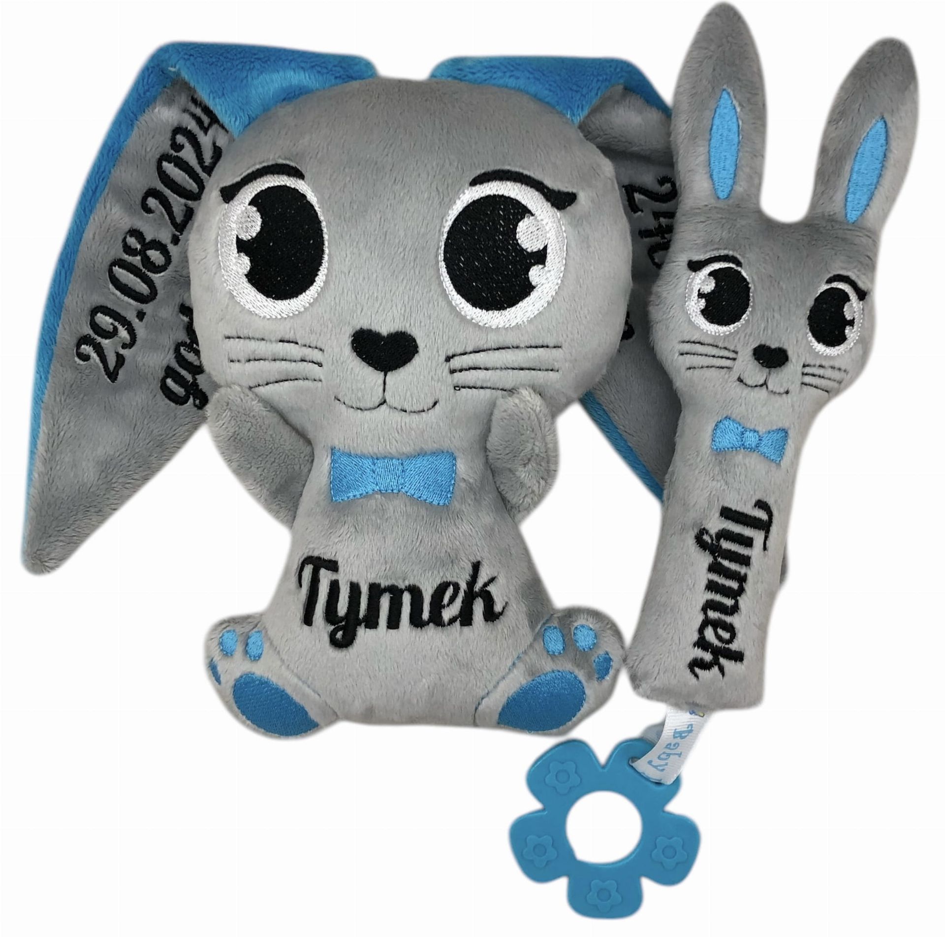 Zestaw maskotka pluszowy króliczek i grzechotka z dowolnym Imieniem