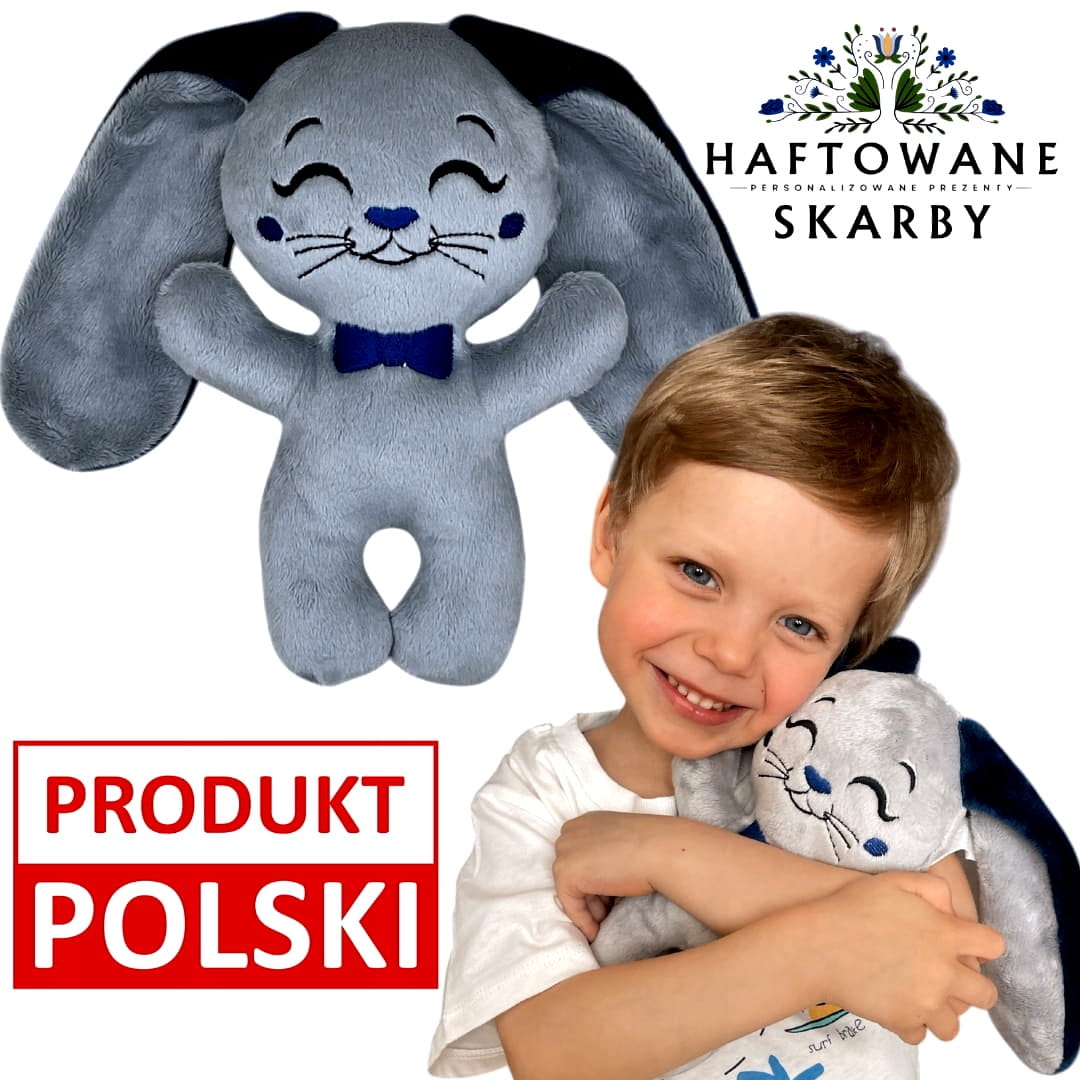 Prezent na roczek dla chłopca maskotka z imieniem króliczek przytulanka