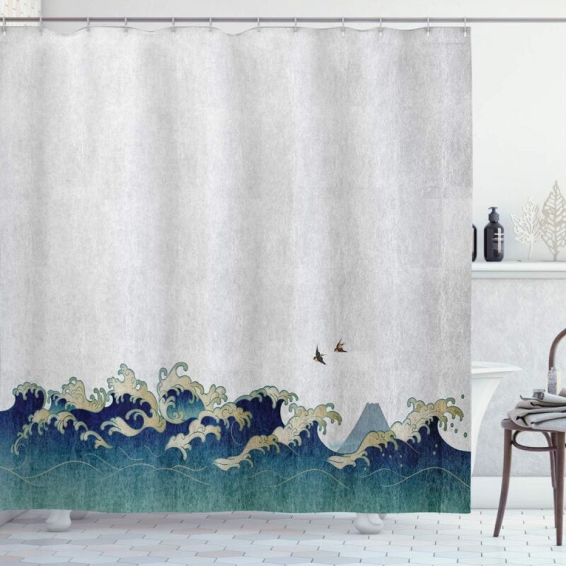 Zasłona prysznicowa „Japońskie fale”, motywy wodne, zestaw dekoracyjny do łazienki z tkaniny z haczykami, 180 cm x 180 cm, kremowo-szaro-niebieski