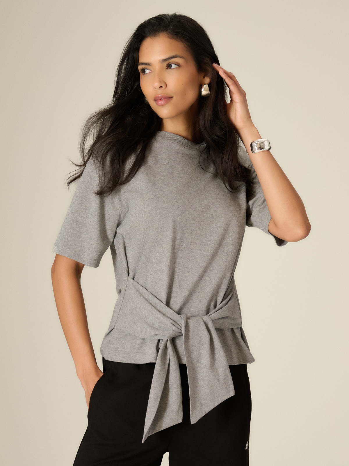 4F T-shirt regular z wiązaniem damski - szary XS