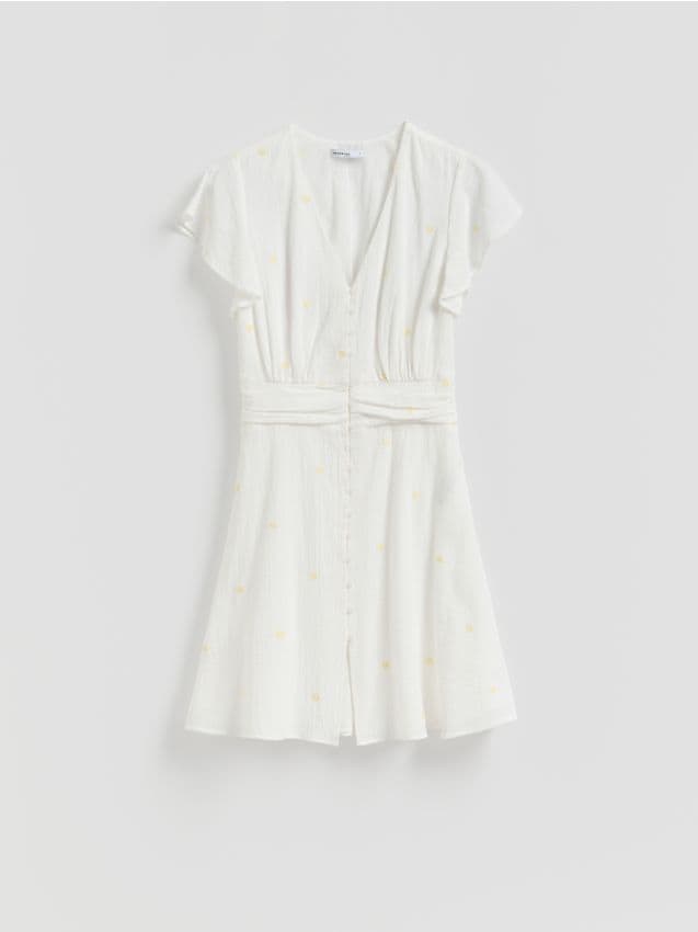 Reserved - Sukienka mini w kwiaty - złamana biel