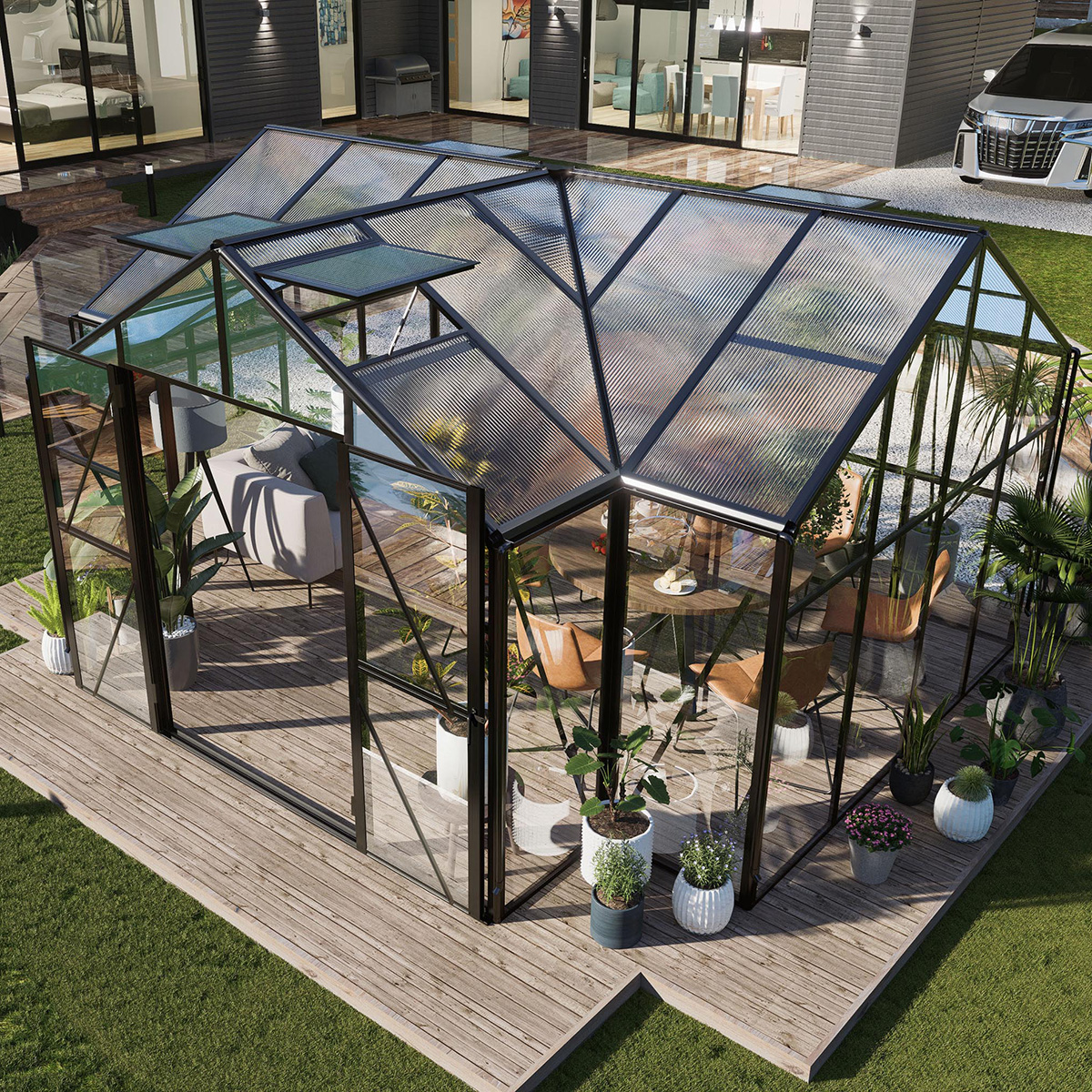 GUTROOF Ogród zimowy TRIBECA Black 433x360cm PC + Glass