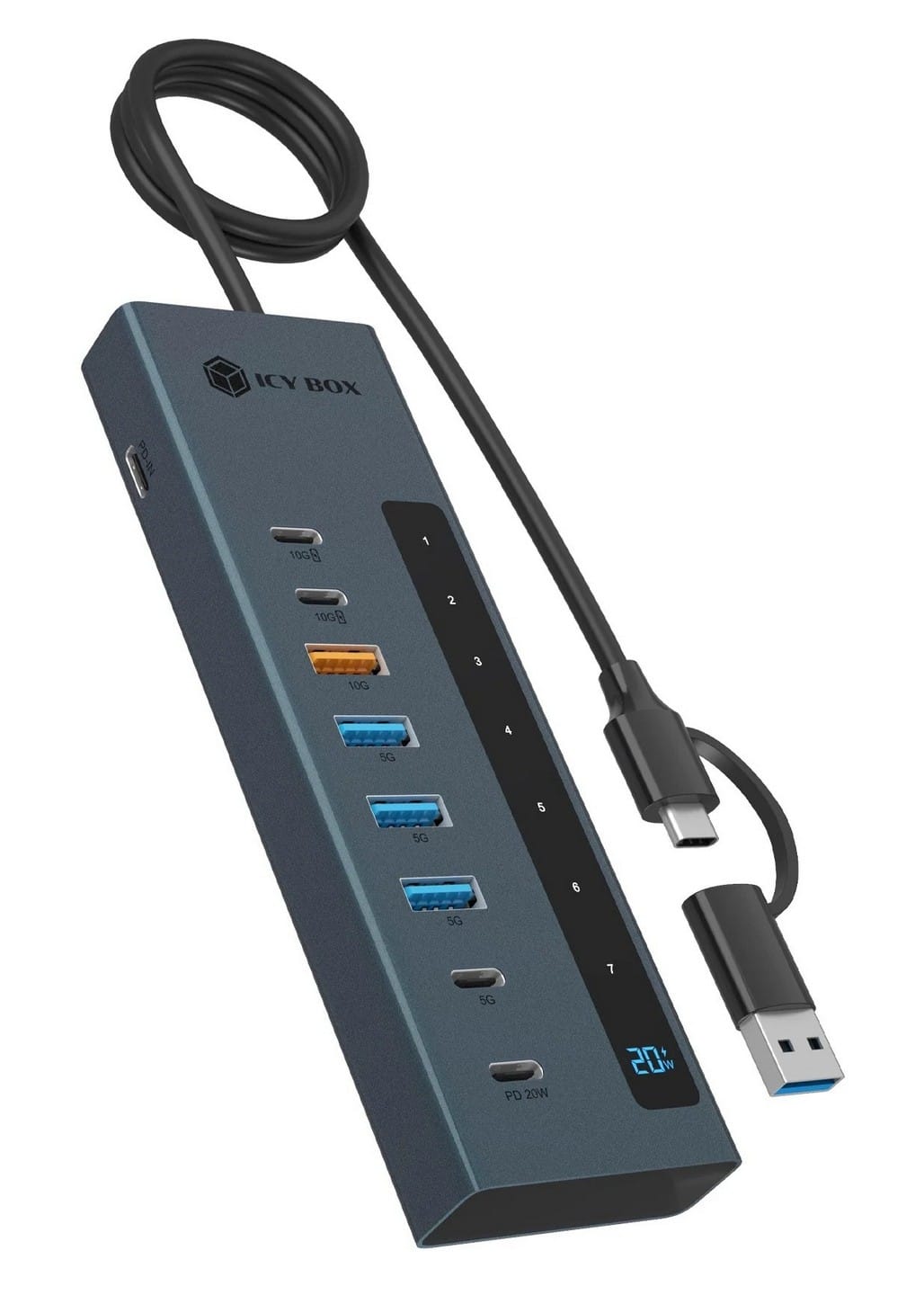 ICY BOX USB-C/A 9w1 1x USB-C PD do 100W 1x USB-C PD do 20W 2x USB 3.2 Gen 2 3x USB 3.2 Gen 1 IB-HUB1743-CPD