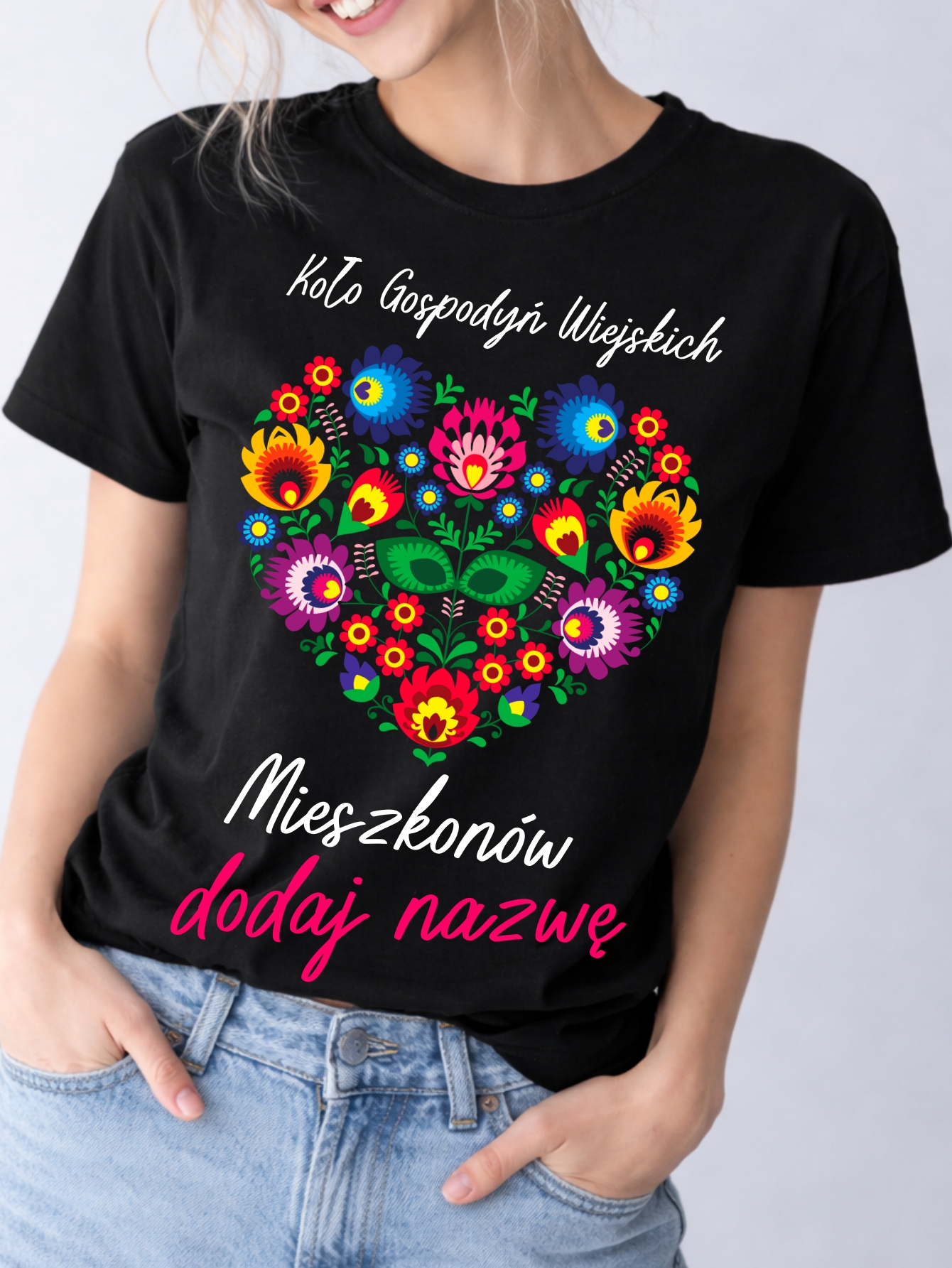 Czarne Koszulki dla koła gospodyń wiejskich z sercem folkowym