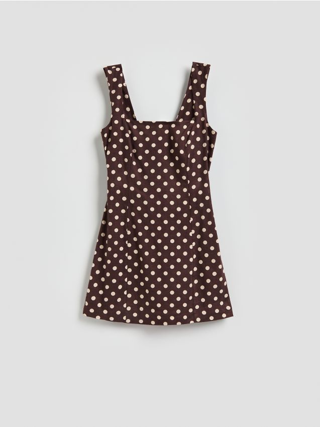 Reserved - Sukienka mini z lnem - ciemnobrązowy