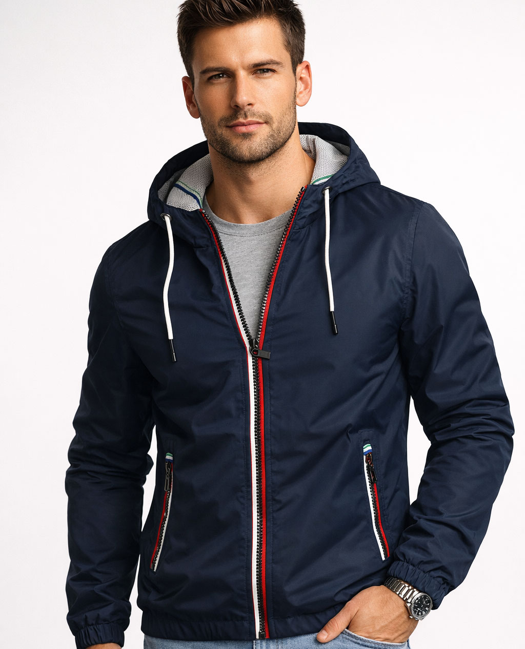 Granatowa kurtka męska wiatrówka z kapturem Recea