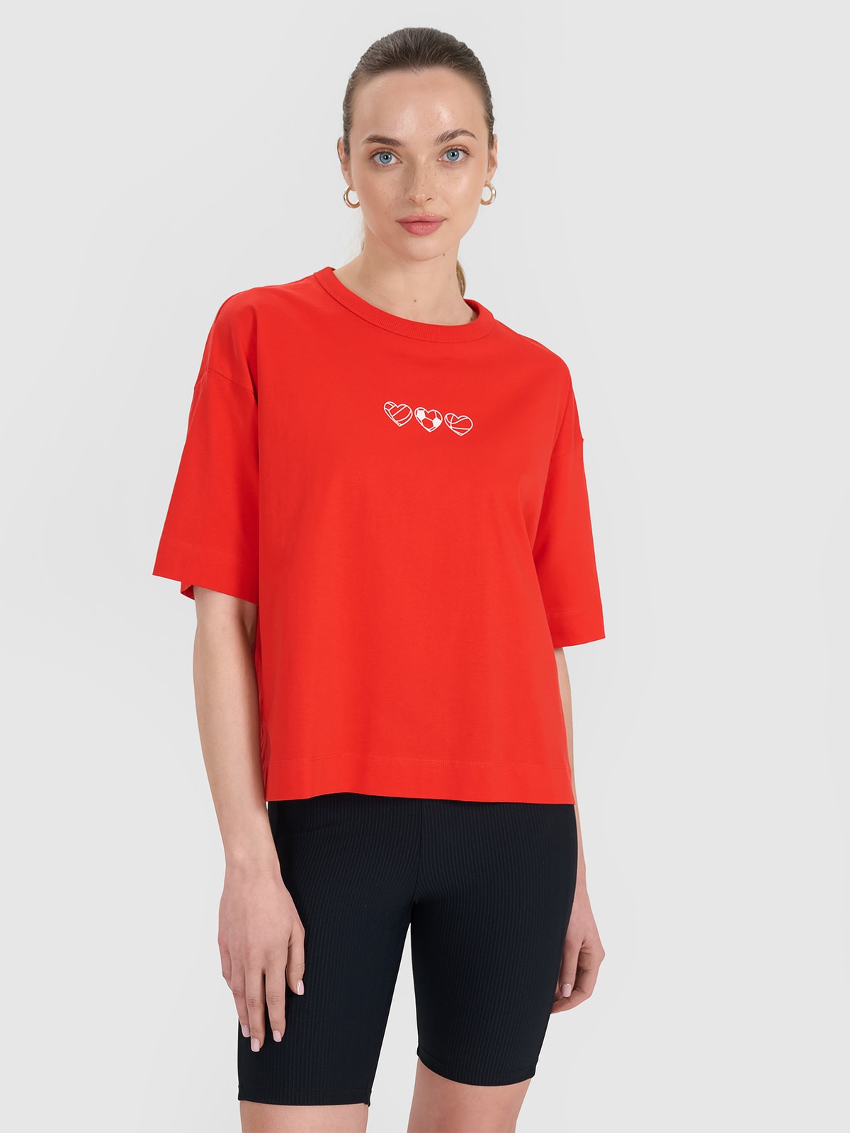 4F T-shirt oversize z nadrukiem damski - czerwony L