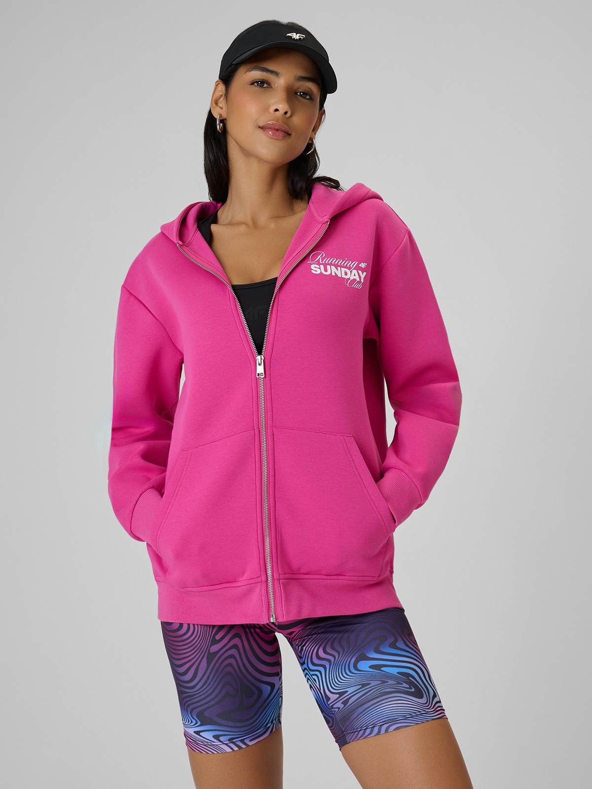 4F Bluza dresowa regular z kapturem damska - różowa L