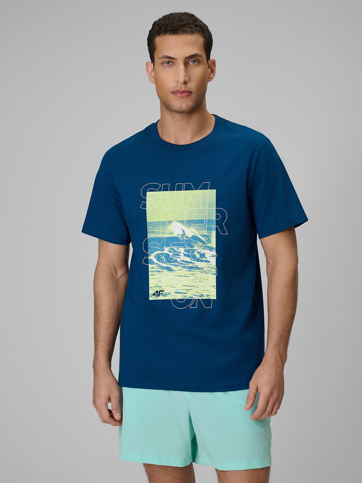 4F T-shirt regular z nadrukiem męski - turkusowy 3XL