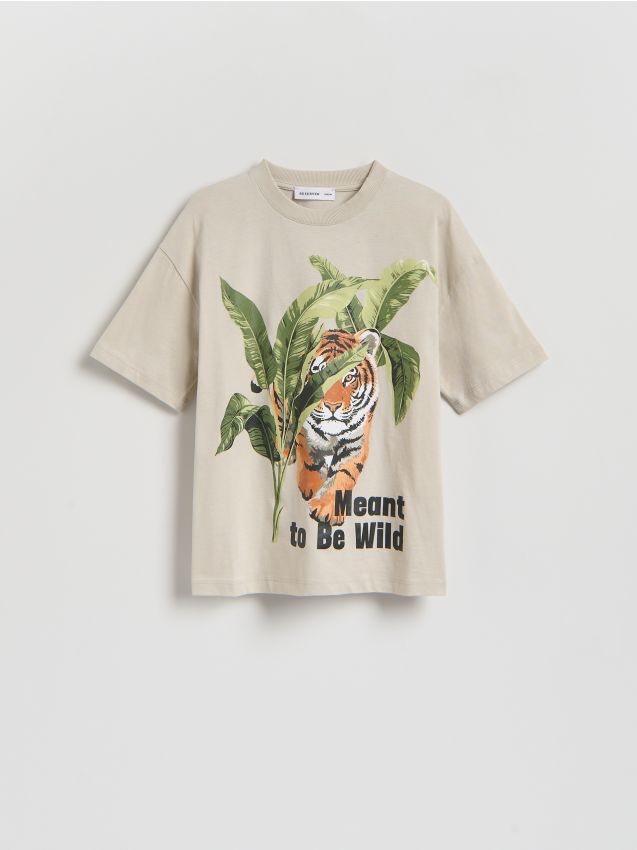 Reserved - Bawełniany t-shirt z nadrukiem - beżowy