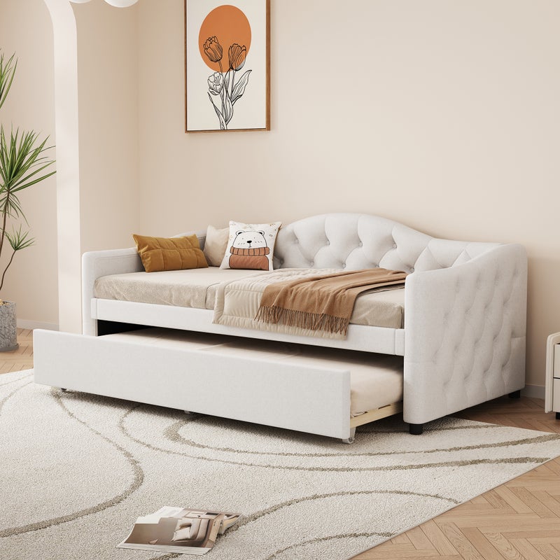 Łóżko z wysuwanym pojemnikiem 90 x 200 cm z łóżkiem wysuwanym 90 x 190 cm - Pościel i MDF - 12 listew - beżowe