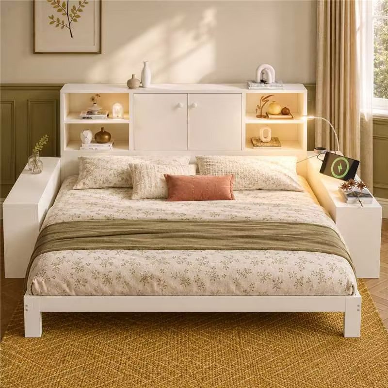 Łóżko z pojemnikiem 90/180 x 200 cm z przegródkami i 2 drzwiami - Płyta MDF, sklejka - Lampka do czytania, porty USB/typu C - Białe