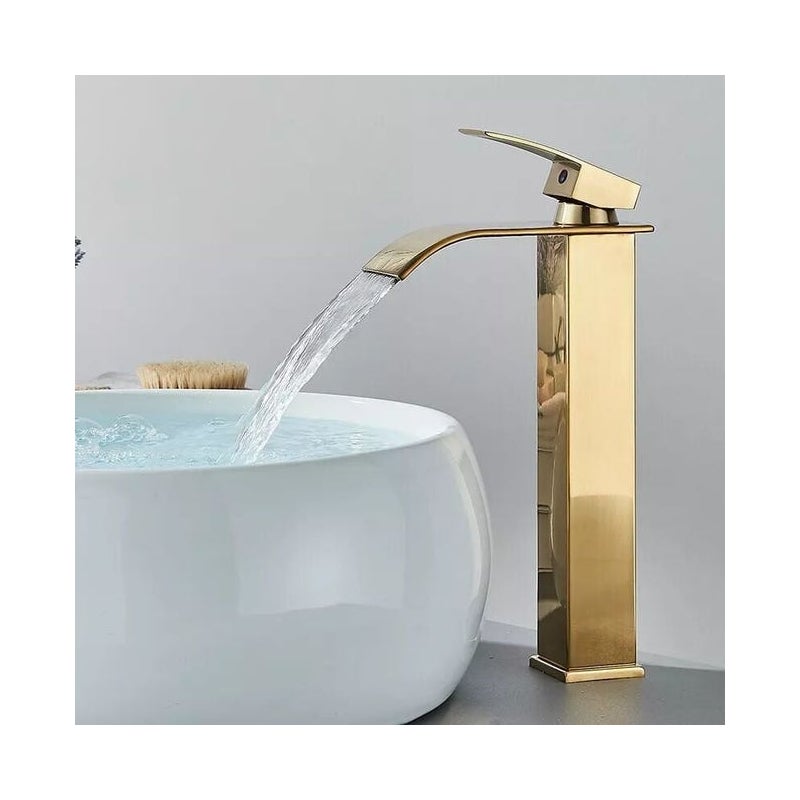 Bateria umywalkowa typu wodospad w kolorze szczotkowanego złota – Jednouchwytowa – Elegancki, nowoczesny design