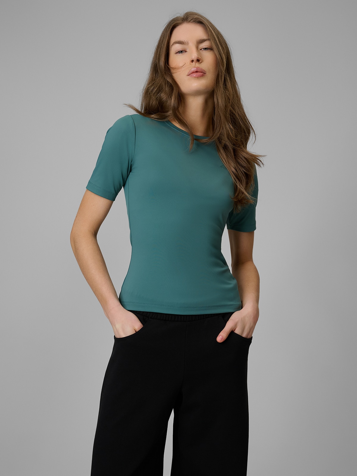 4F T-shirt slim gładki damski - turkusowy XS