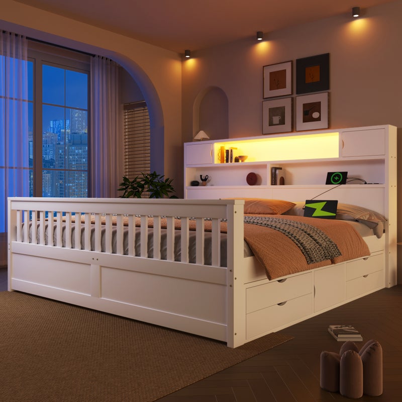 Łóżko 180 x 200 cm z regałem na książki i oświetleniem LED + 4 szuflady - MDF i sklejka - 11 listew - Białe (Materac nie jest wliczony w cenę)