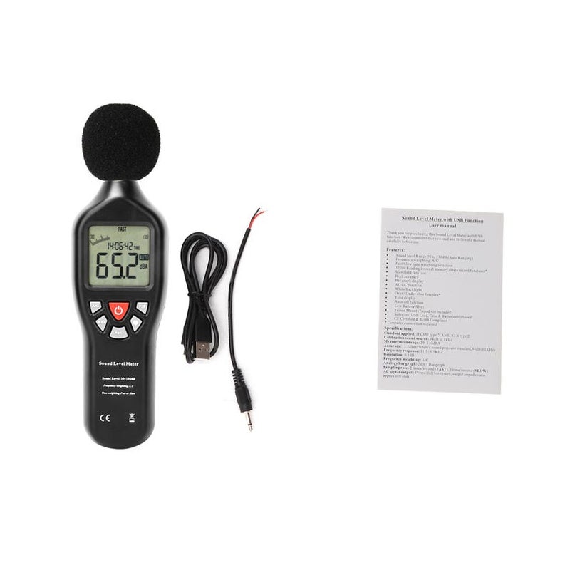 Profesjonalny miernik poziomu dźwięku, rejestrator danych, tester hałasu audio 30dB-130dB