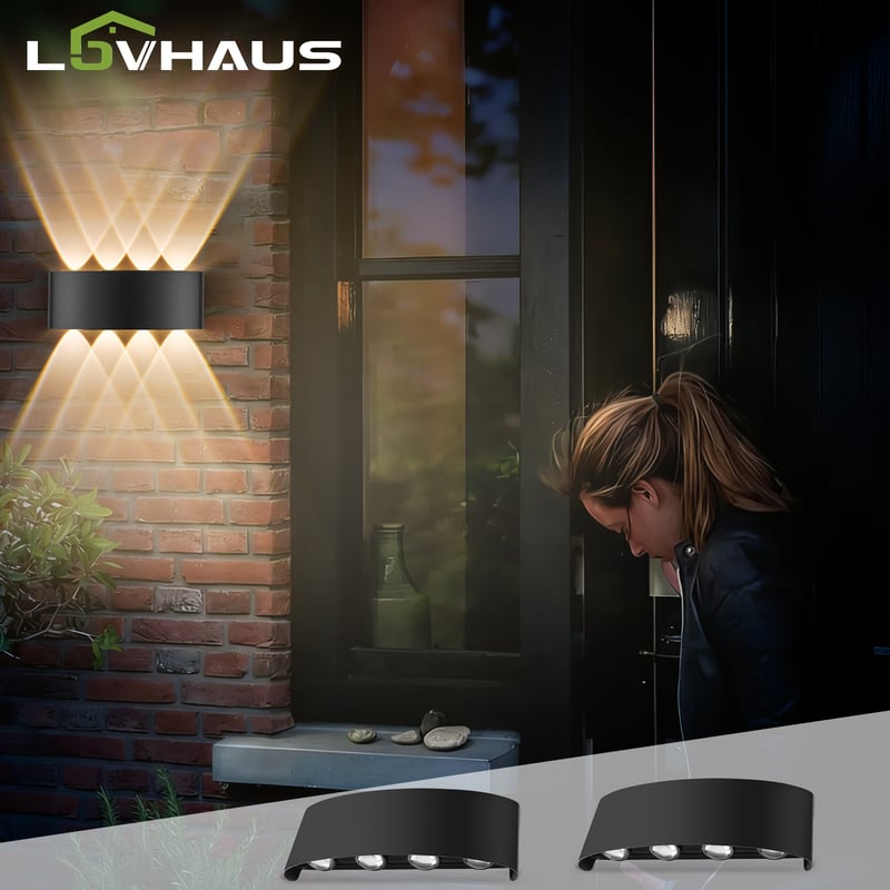 Kinkiet LED do wnętrz/na zewnątrz z podłączeniem elektrycznym, Lampa łazienkowa, Czarny, Aluminium, IP65, 640LM, 3000K, Zestaw 2 szt., LOVHAUS