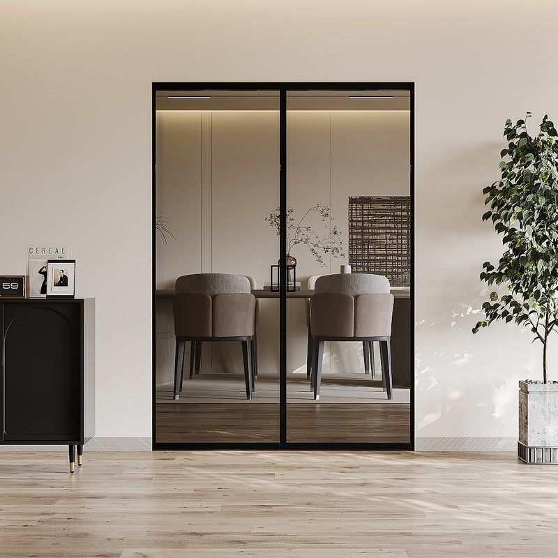Drzwi przesuwne podwójne z ukrytym systemem przesuwnym – aluminium i szkło hartowane przydymione – 2 x wys. 205 x dł. 73 cm – LINCI II