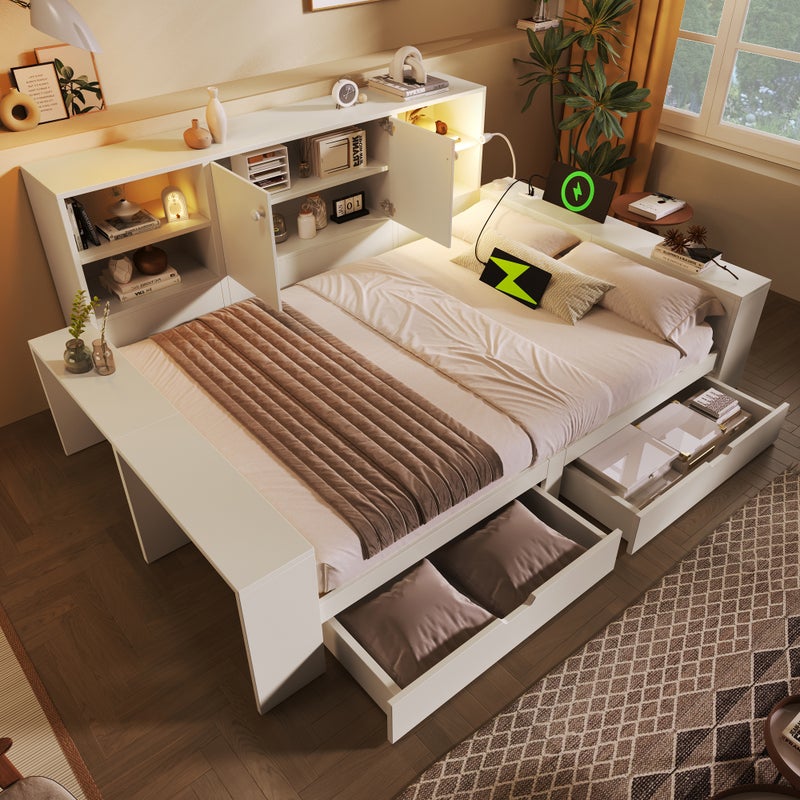 Łóżko 140 x 200 cm z 2 szufladami, przegródkami i 2 drzwiami - Płyta MDF, sklejka - Lampka do czytania, porty USB/typu C - Białe