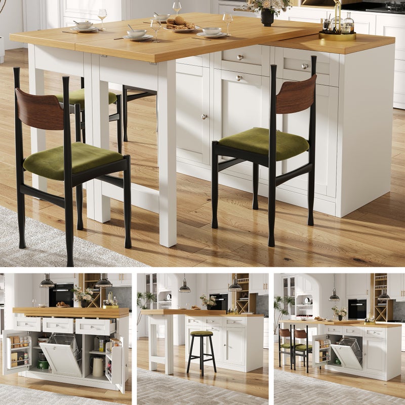 Wyspa kuchenna z rozkładanym stołem obrotowym, 3 szufladami, 2 drzwiami i schowkiem na śmieci - 120/180 x 40 x 76 cm - Płyta MDF - Kolor biały