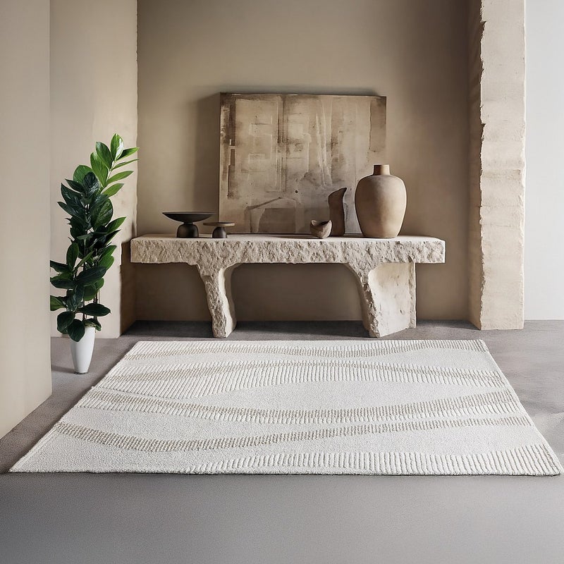 Dywan z wypukłym wzorem ręcznie tuftowany 100% wełny - 160 x 230 cm - Kość słoniowa - SIRELIA