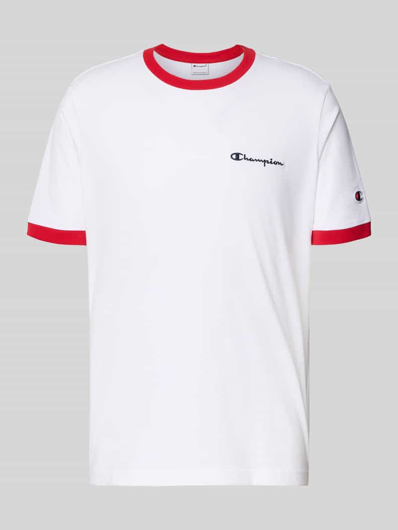 t-shirt z okrągłym dekoltem i haftami z logo