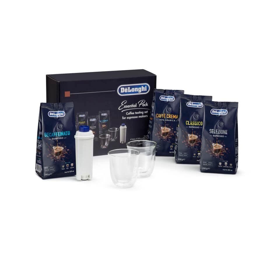 De'Longhi Zestaw Essential z kawą ziarnistą De'Longhi 4 x 250 g, szklankami do Cappuccino x2 i filtrem do wody