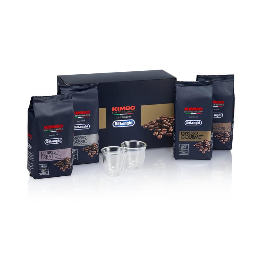 Kimbo do De'Longhi, zestaw degustacyjny z ziarnami kawy 4 x 250g i filiżanki do espresso x2