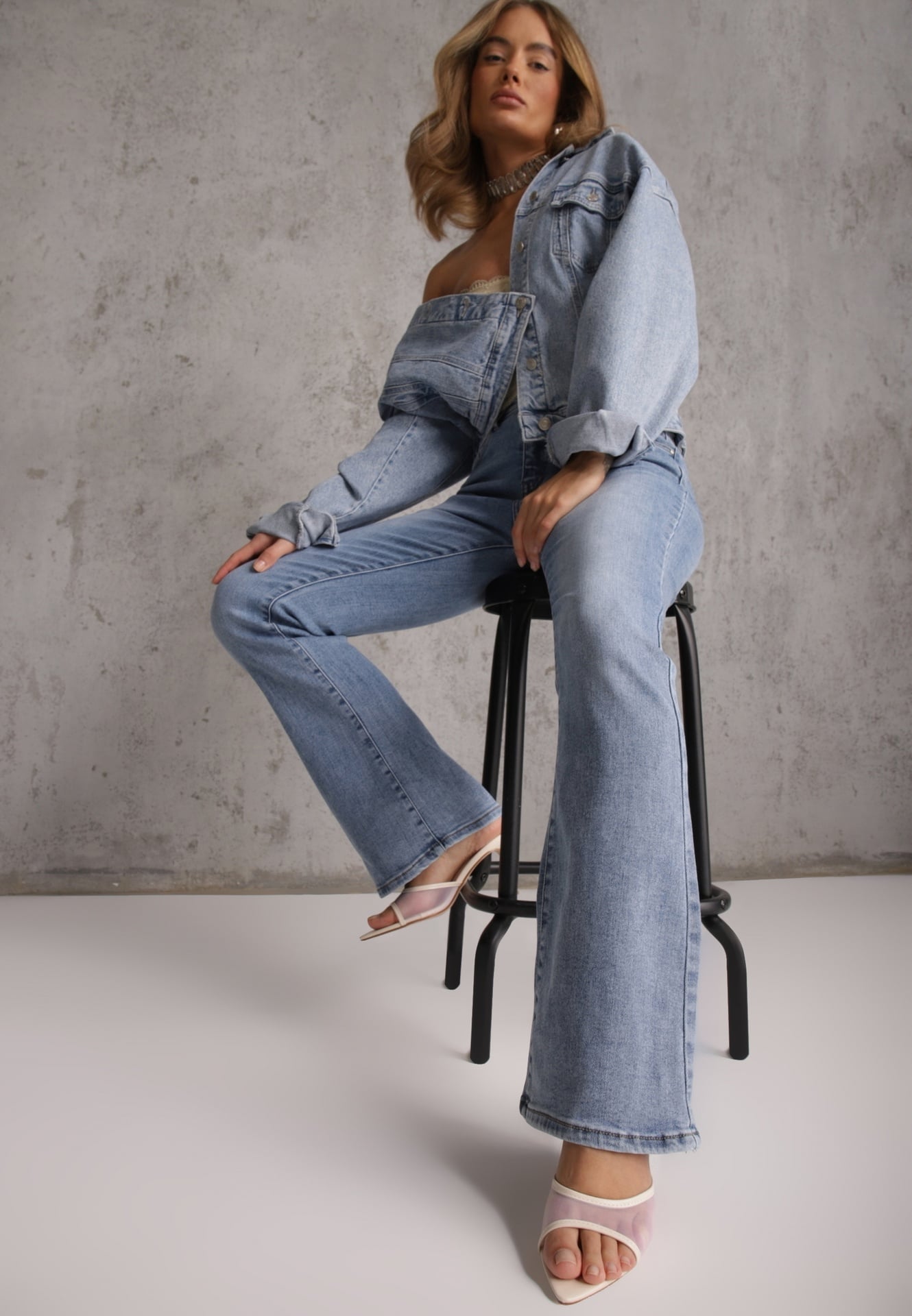 Niebieskie Casualowe Jeansy Flare Regular Waist z Bawełną Joshea