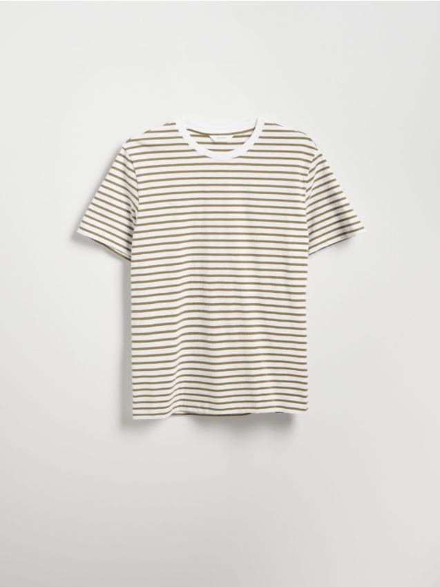 Reserved - T-shirt regular w paski - oliwkowy