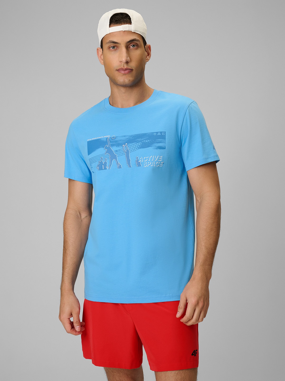 4F T-shirt reagular z nadrukiem męski - niebieski XXL