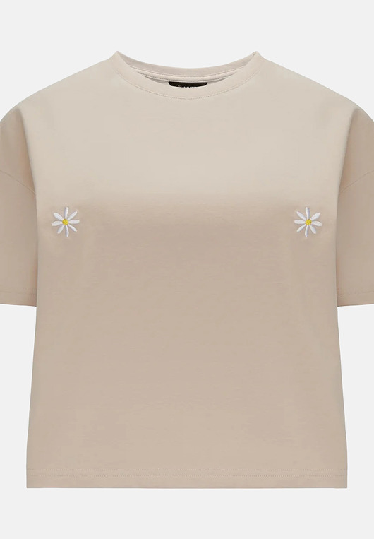 T-shirt Crop-Voila Krem Białe Stokrotki