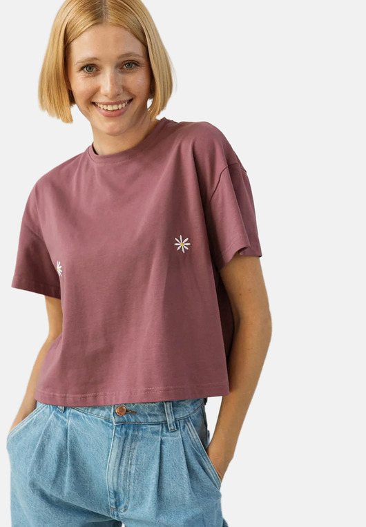 T-shirt Crop-Voila Rose Brown Białe Stokrotki