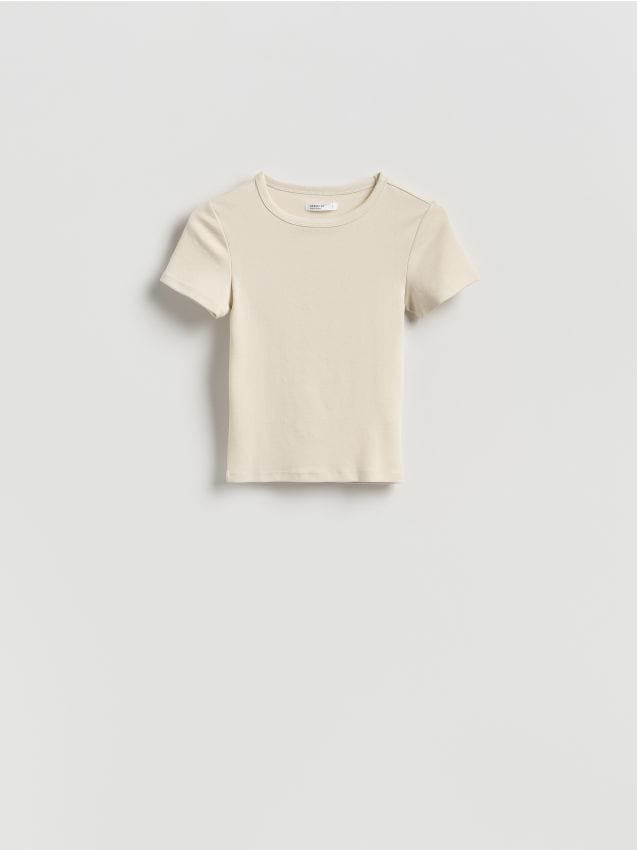 Reserved - T-shirt slim fit z modalem - kremowy