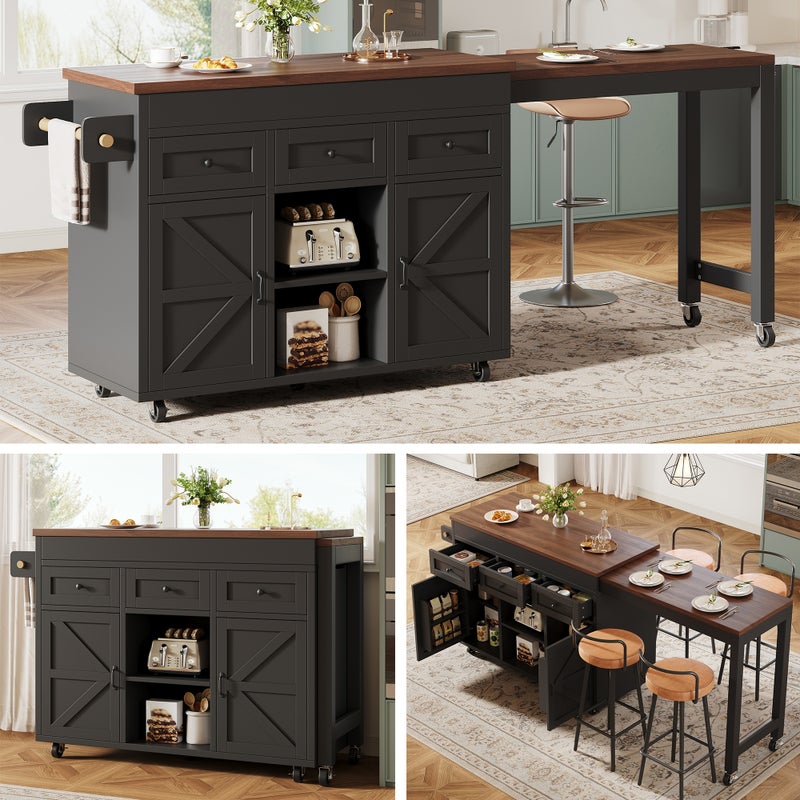 Mobilna wyspa kuchenna z rozkładanym, obrotowym stołem - 2 drzwi, 3 szuflady i 2 półki - 131,5/210 x 40 x 92 cm - MDF - Czarny
