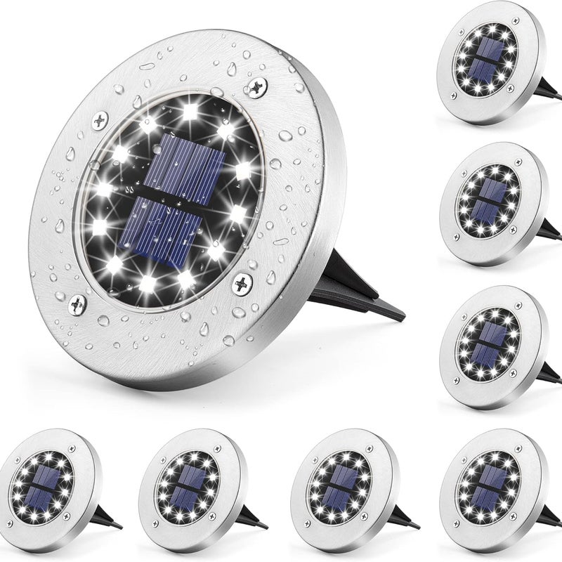 12 lamp solarnych LED do oświetlenia gruntowego, 8 sztuk, białe, wodoodporne, ze stali nierdzewnej, do użytku na zewnątrz, do ogrodu, na patio, tr