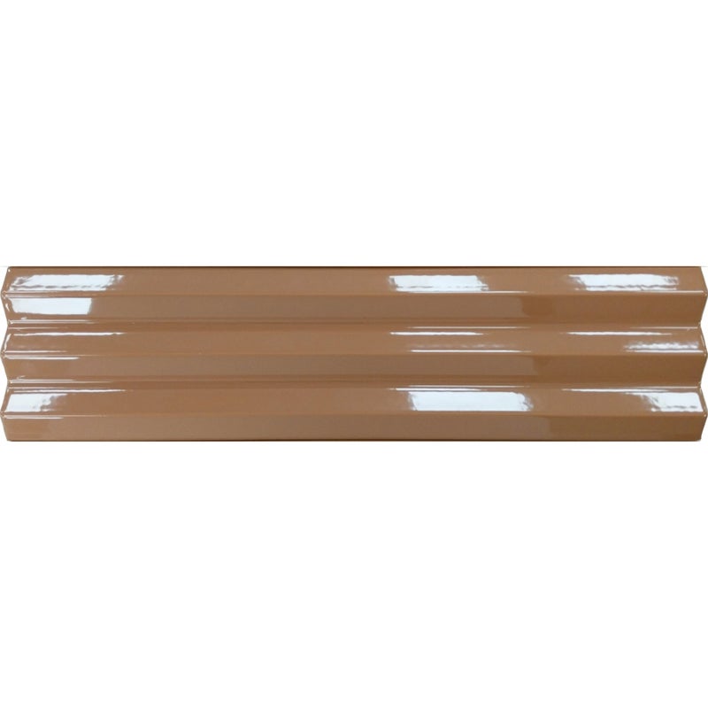 Błyszcząca płytka ścienna z reliefem, brązowa, Acanto 10x40 cm V-Ribbed Almond
