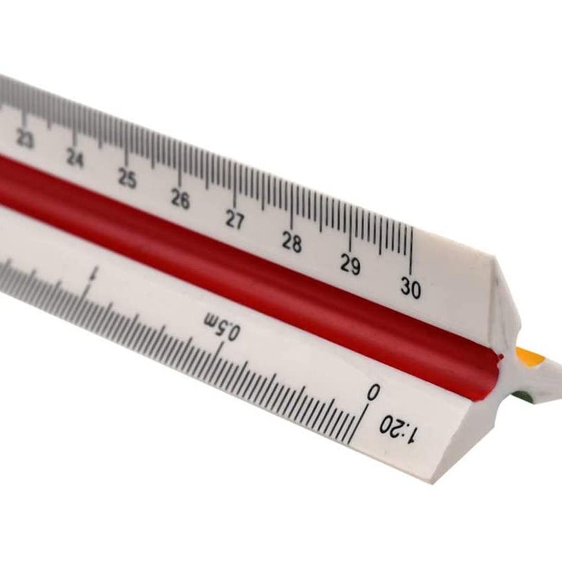 Linijka plastikowa z podziałką trójkątną, 30 cm, skala trójkątna, skala metryczna 1:20 1:25 1:50 1:75 1:100 1:125