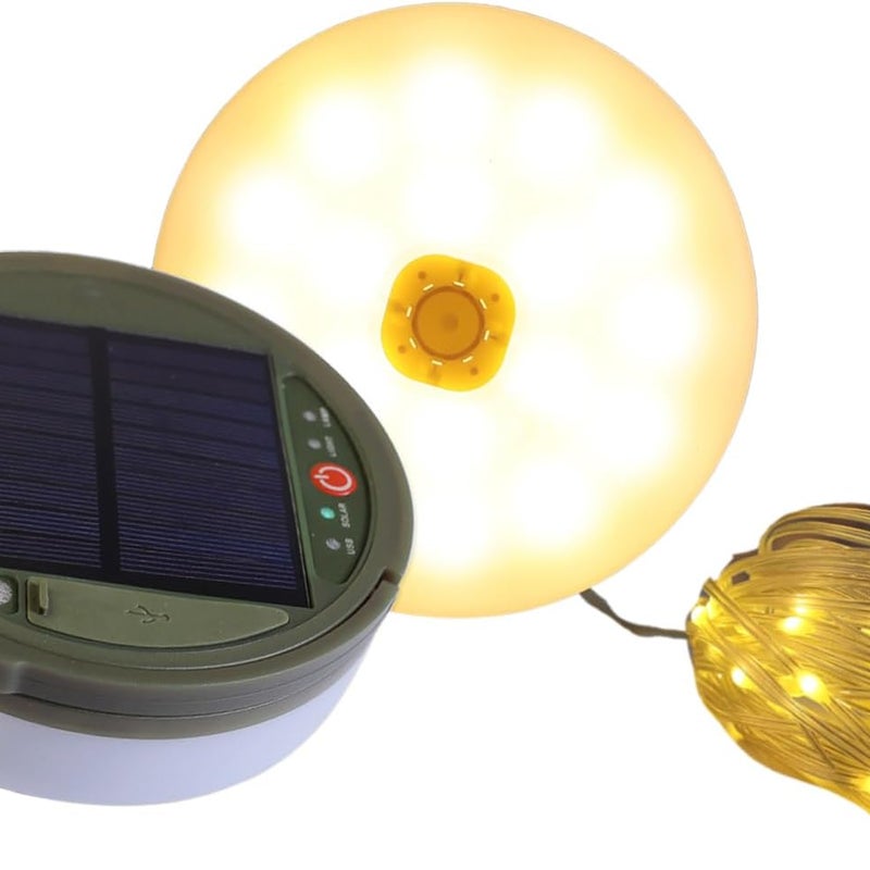 Zestaw okrągłych lamp solarnych kempingowych, które zapewnią ciepłą atmosferę podczas pikników i przyjęć ogrodowych na świeżym powietrzu, 12 m