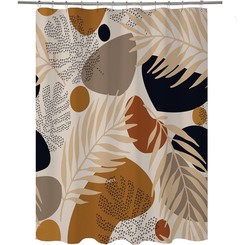 Zasłona prysznicowa Boho 180x180 cm, brązowa, nowoczesna, abstrakcyjna sztuka w stylu boho, liście palmowe, rośliny, zmywalna, z 12 haczykami