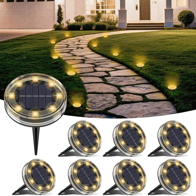 Zestaw 8 lamp solarnych do ziemi, 8 zewnętrznych lamp solarnych LED do ogrodu, IP68, wodoodpornych, zewnętrznych reflektorów solarnych do ścieżek
