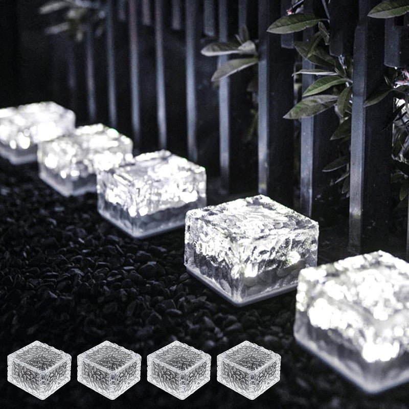 4 sztuki lamp solarnych do ścieżek z cegły, oświetlenie solarne do kostki brukowej ze szkła, solarne lampy w kształcie kostek lodu, wodoodporna