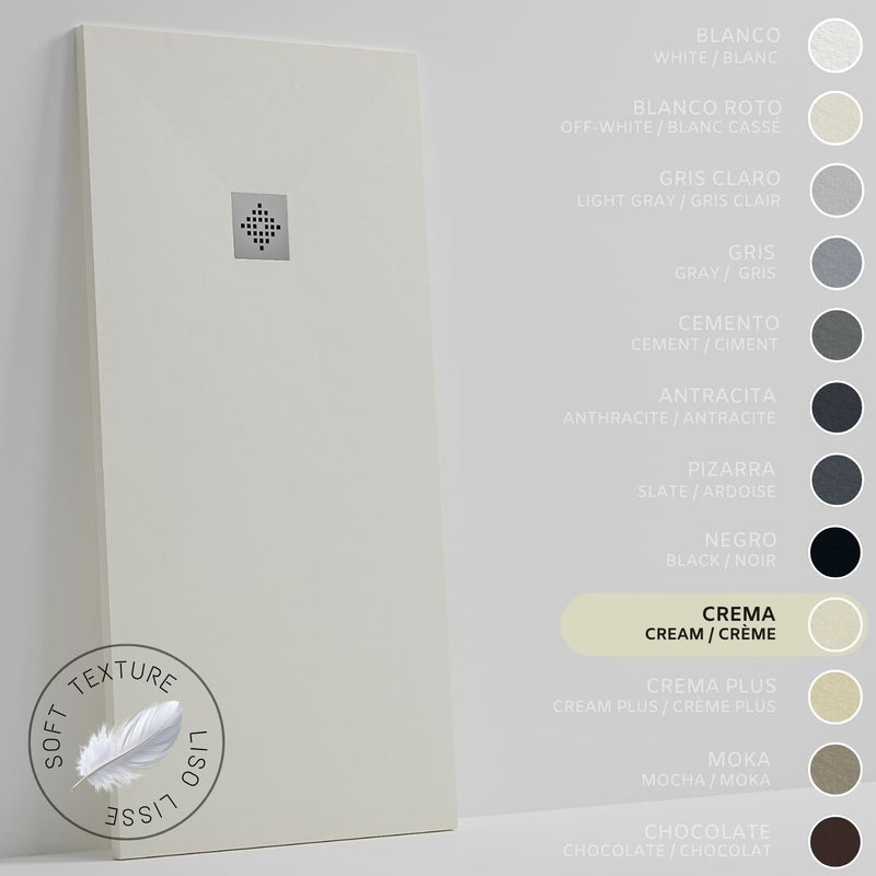SOULHOME Brodzik prysznicowy– Żywica– Gel Coat– Gładki Jedwab tekstura – Antypoślizgowy – Kolor kremowy – 130x90- Niski 3 cm– Standard
