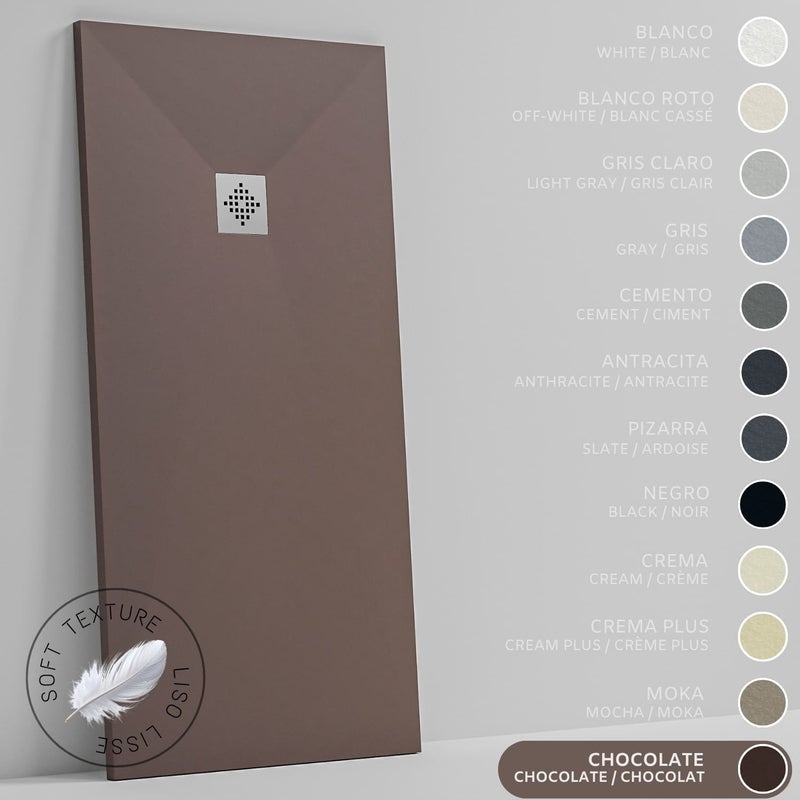 SOULHOME Brodzik prysznicowy– Żywica– Gel Coat– Gładki Jedwab tekstura – Antypoślizgowy – Kolor czekoladowy – 120x80- Niski 3 cm– Standard