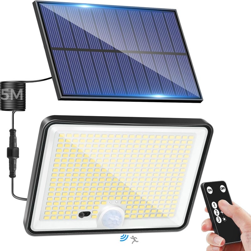 Zewnętrzna lampa solarna z czujnikiem ruchu i pilotem, 342 diody LED, wodoodporna lampa solarna IP65, 3 tryby oświetlenia solarnego