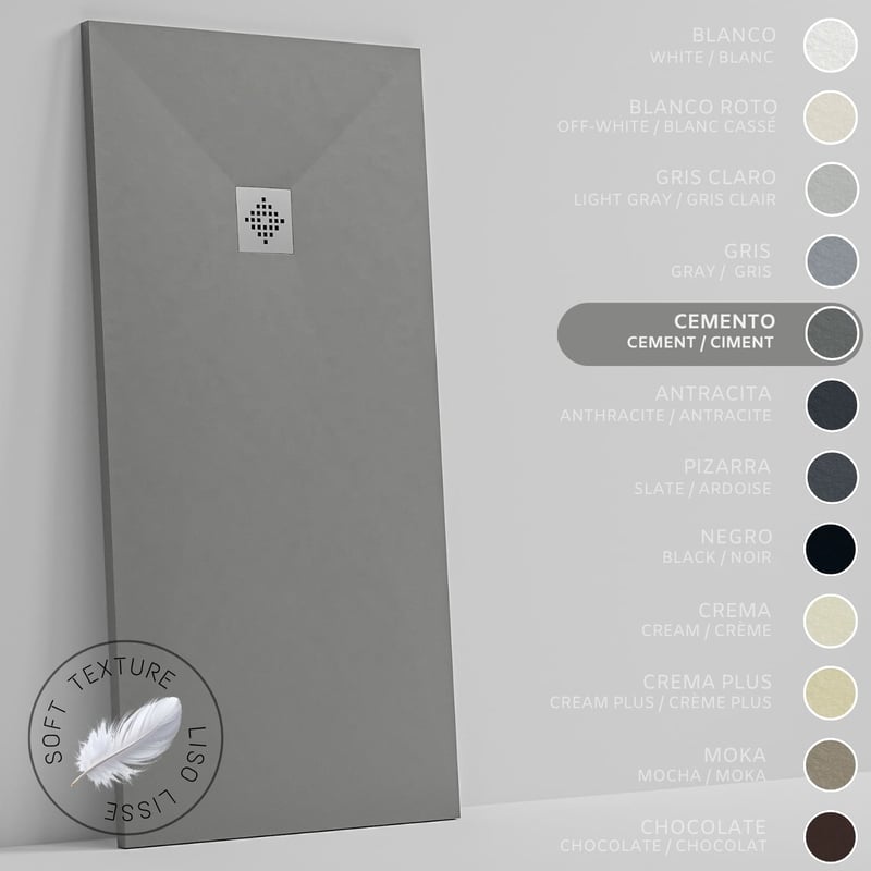 SOULHOME Brodzik prysznicowy– Żywica– Gel Coat– Gładki Jedwab tekstura – Antypoślizgowy – Kolor cementowoszary – 170x75- Niski 3 cm– Standard