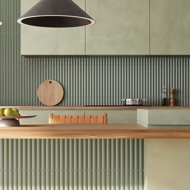 Błyszcząca płytka ścienna z reliefem, zielona, Acanto 10x40 cm Reeded Olive